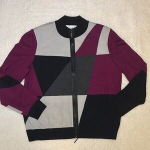 St. John Cardigan Zip Black, Grays and Burgundy/Purple Large